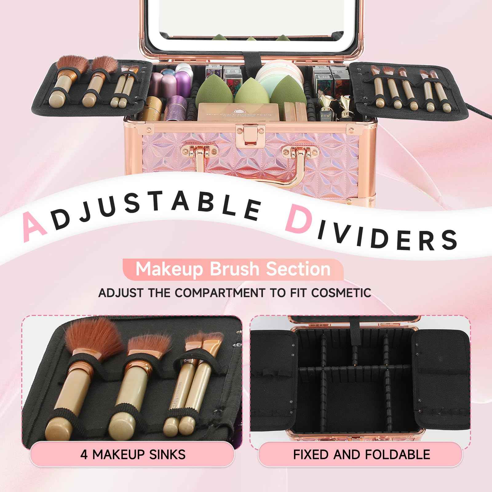 Leeora&Leekoo Makeup Box with Lighted Mirror,Portable Makeup Train Case Organizer (Pink)