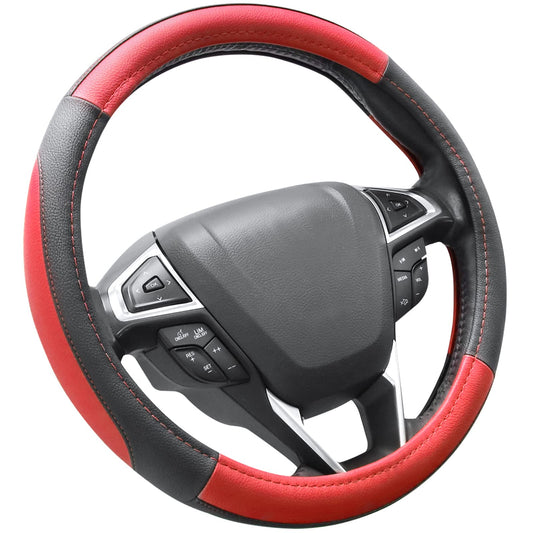 SEG Direct Car Steering Wheel Cover Universal Standard Size 14.5-15 inch, Black and Red Microfiber Leather