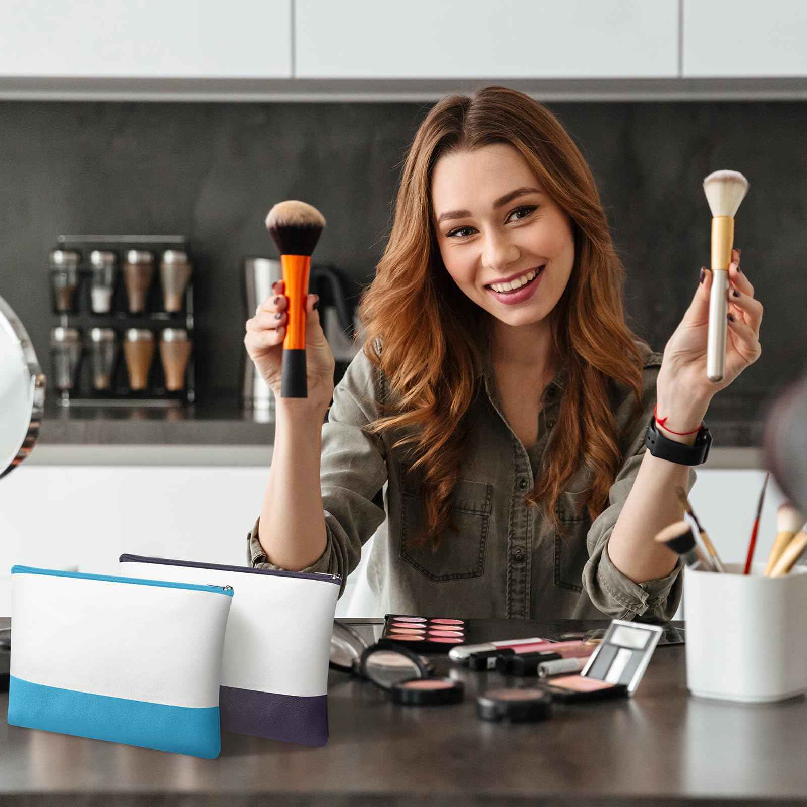 Sweetude 24 Pcs Canvas Cosmetic Bags Bulk 9.84 x 5.12 x 1.97 Inches DIY Blank Makeup Organizer Bag with Zipper Multi Purpose Canvas Pencil Pouch Toiletry Pouch for Women Travel