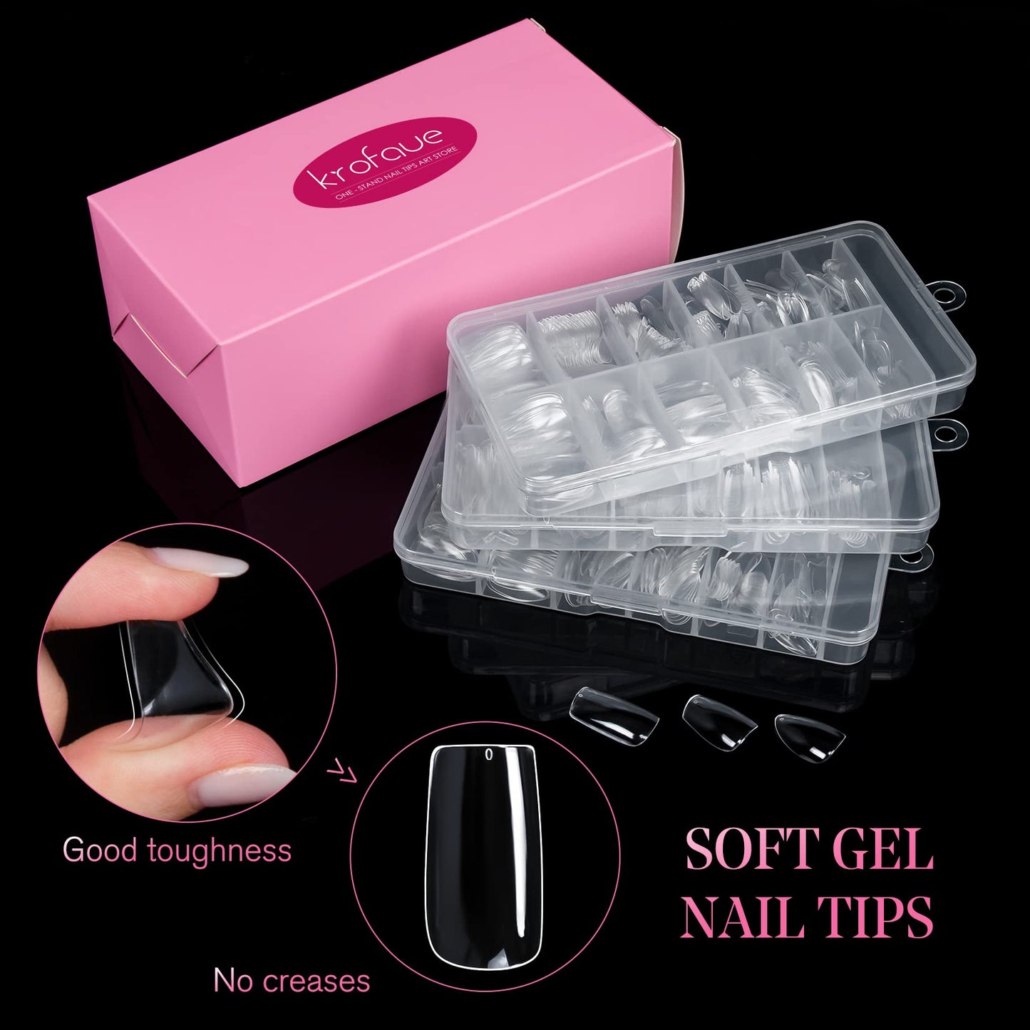 720PCS Clear Nail Tips krofaue 3 Styles False Nails Kit Soft Gel Nail Tips Short Almond Nails Square False Nails Coffin Nails Tips with Box for Artificial Press on Nails Extension Art DIY Home