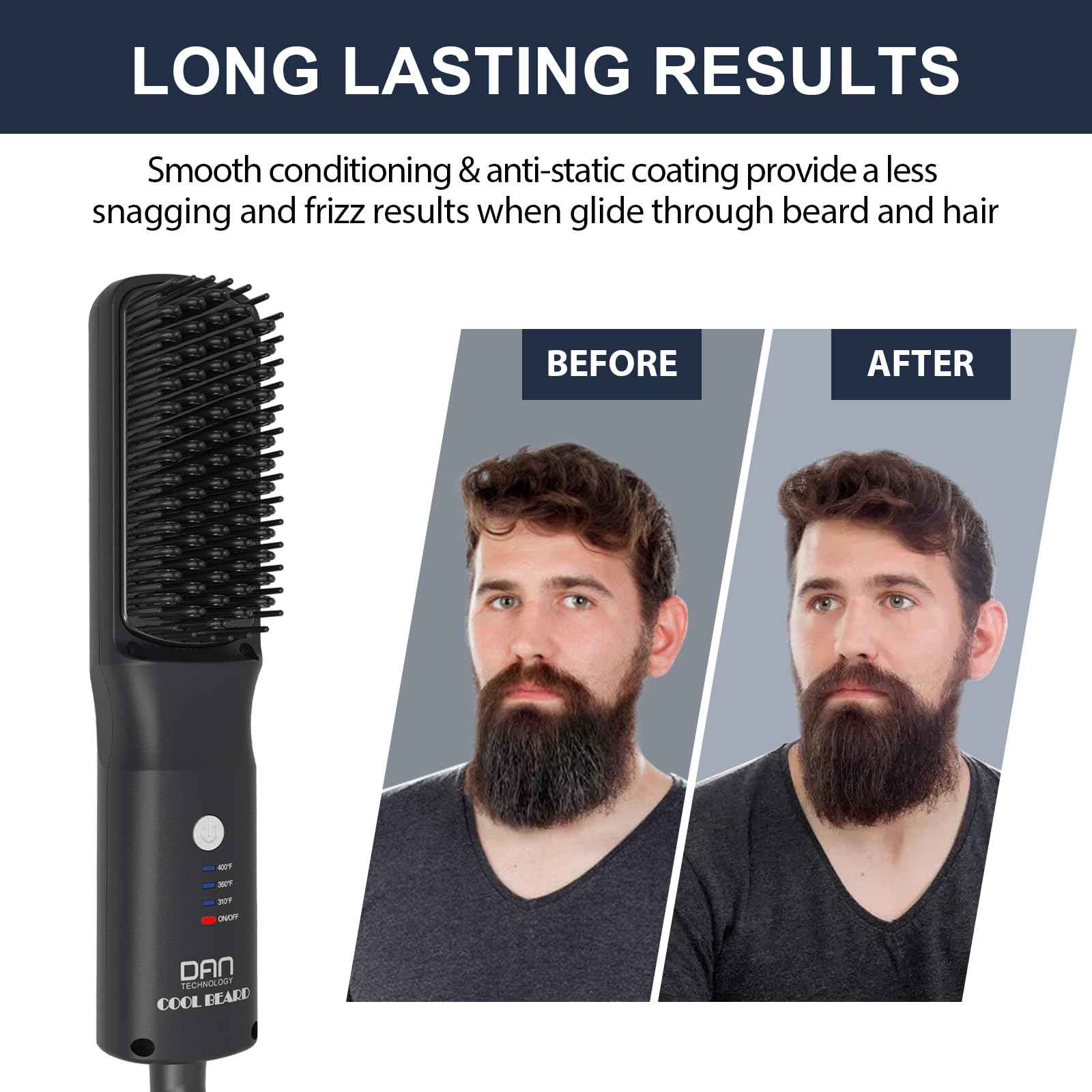 DAN Technology Beard Straightener Kit for Men – Ionic Heated Beard Comb & Wooden Brush, 30s Fast Heating, Tourmaline Ceramic, 3 Heat Settings (310°F–400°F) Dual Voltage, 30 Min Auto Off
