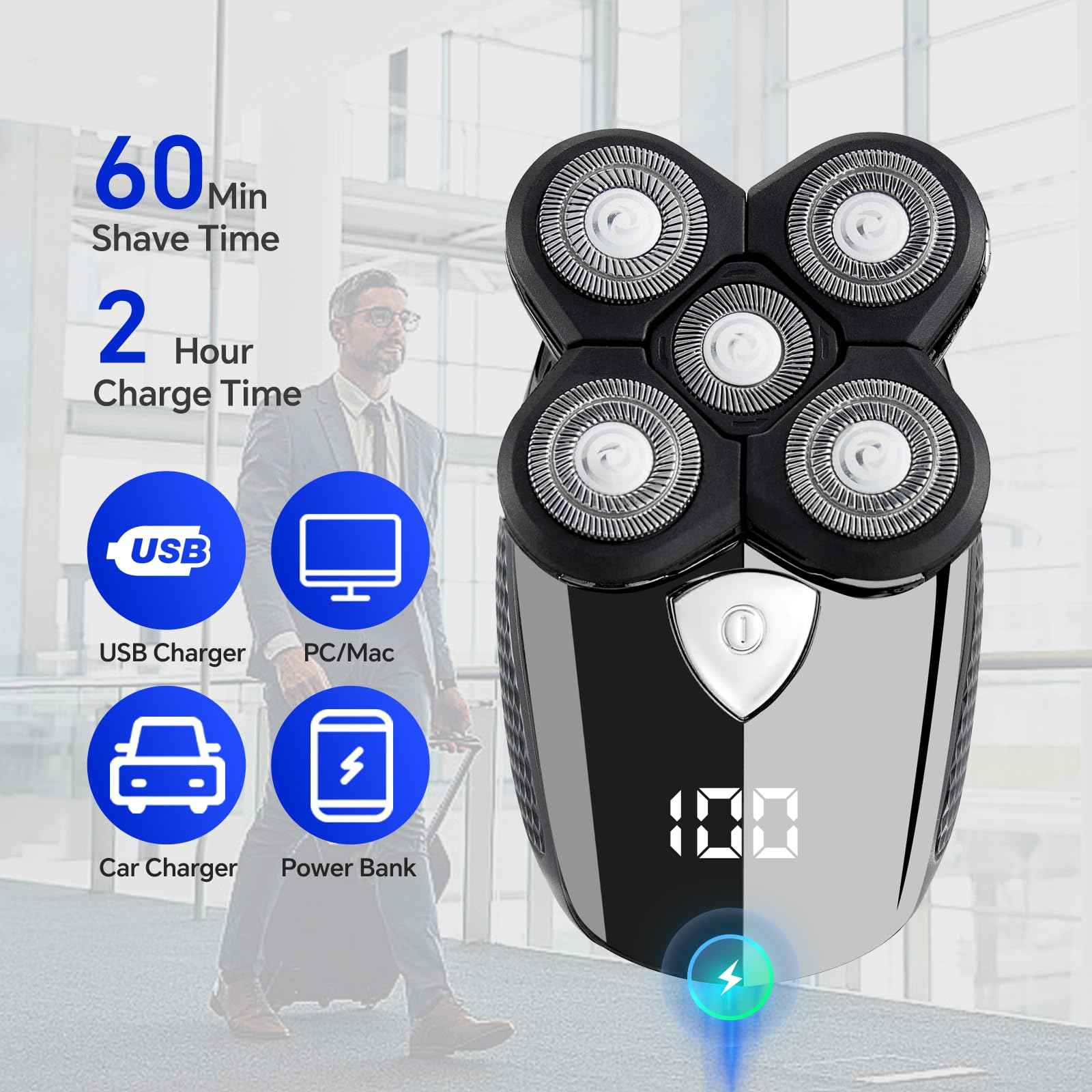 Bald Head Shaver,Electric Head Shavers for Bald Men, 5-in-1 Head and Face Grooming Kit, Waterproof Cordless Rotary Razor and USB Rechargeable,Gifts for Men