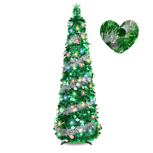 5FT Pop Up Christmas Tree Tinsel Christmas Tree with 8 Modes 90 Colorful Christmas Decorations Collapsible Christmas Tree for Indoor Home Holiday Christmas Party Decorations(Sliver/Green)