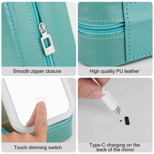 Dannir Travel Makeup Case with LED Mirror, Makeup Bag with Lighted Mirror, Cosmetic Storage Box, Christmas Portable Organizer Vanity Case for Women, Beauty Tool Accessories Rechargeable, Green