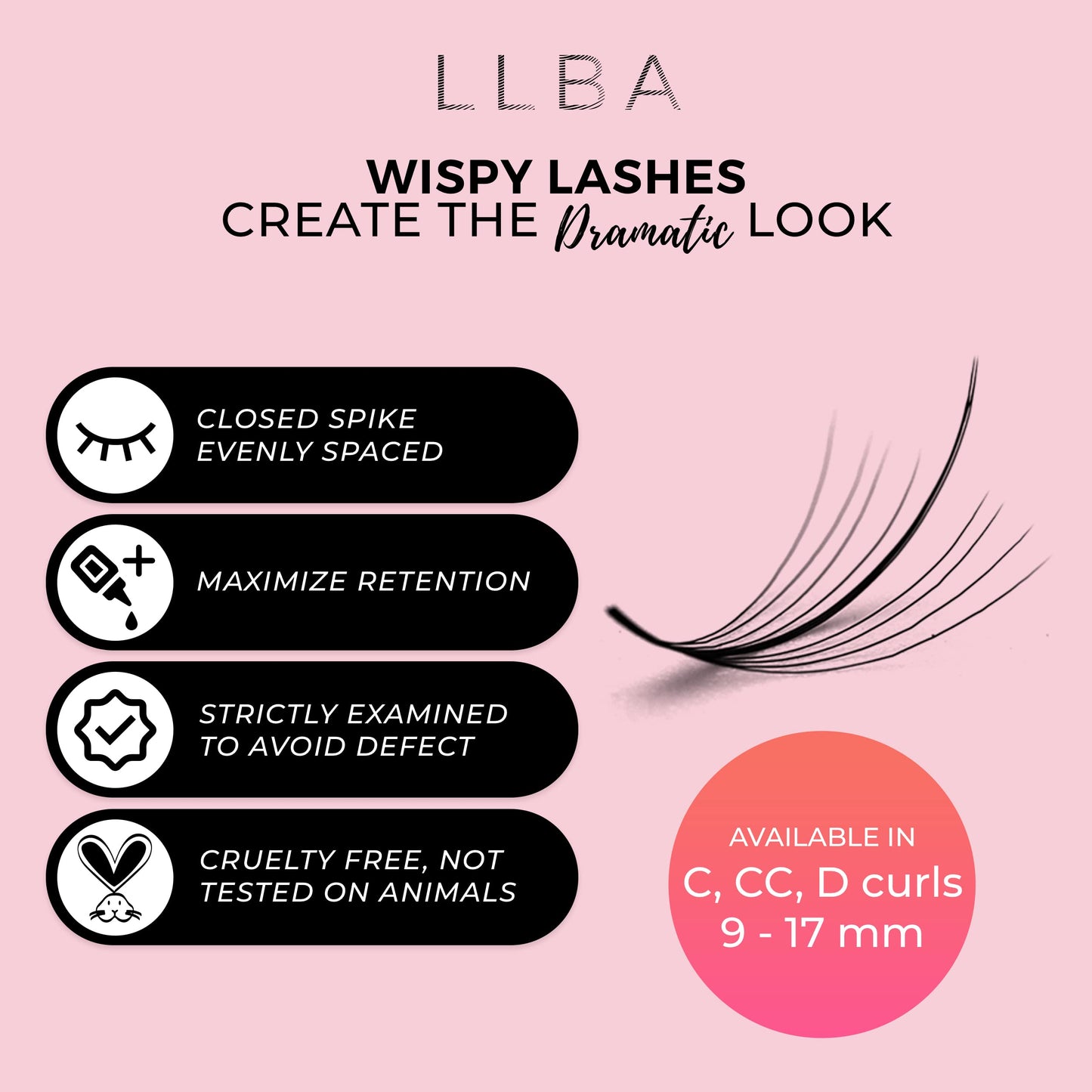 LLBA Promade Wispy Lash Extensions 9D 0.05, 100% Handmade Eyelashes Volume Fans, C Cc D Curls, 9-17 Mm Length, Long-Lasting, Easy Application (CC 13 mm)