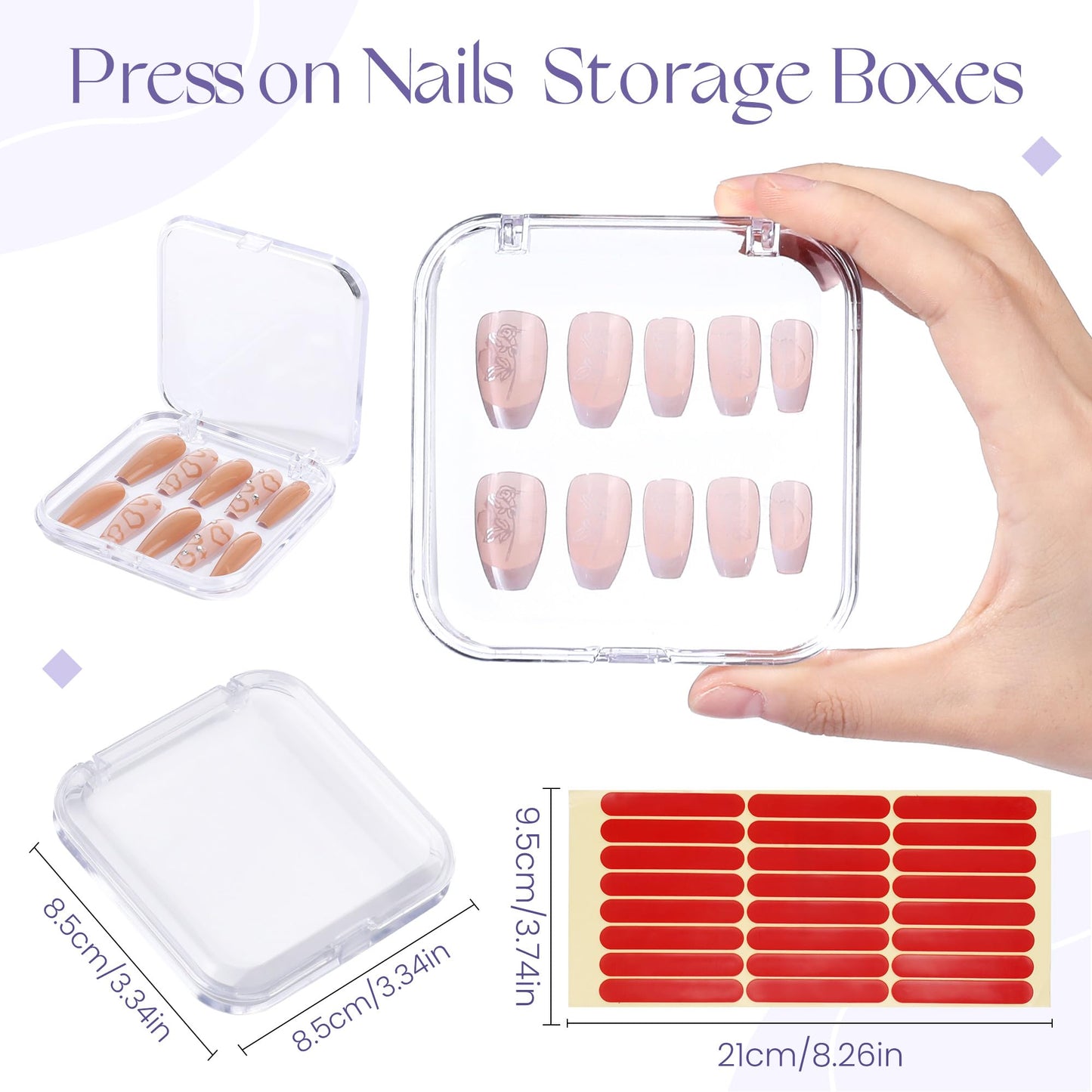 ISKYBOB 12 Packs Press On Nails Storage Boxes, Fake Nails Packing Cases with Tape Clear Nail Display Box for Home DIY, Nail Salon (3.3 x 3.3in)