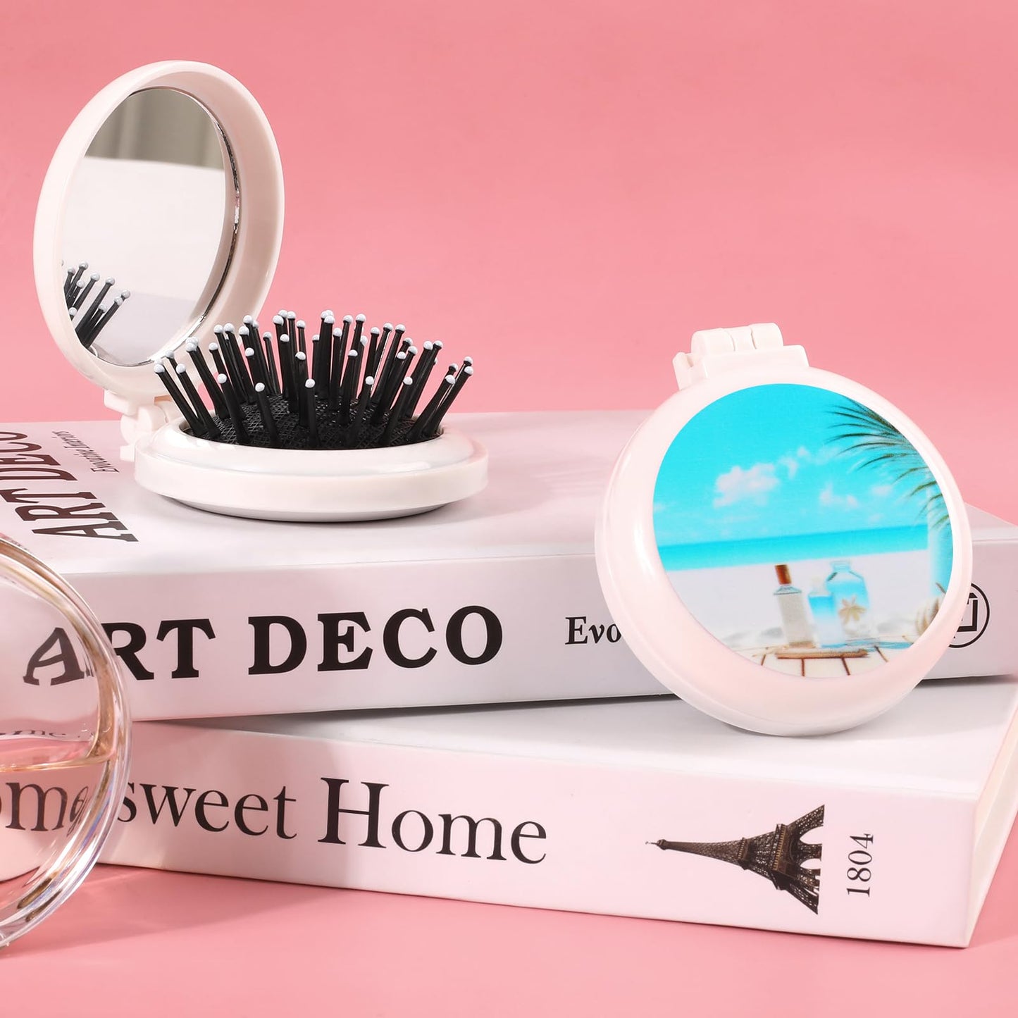 Mengduxd Mini Hairbrush, Collapsible Pocket Hairbrush with Mirror, Portable Hairbrush, Women Travel Small Hairbrush.Seaside Beach