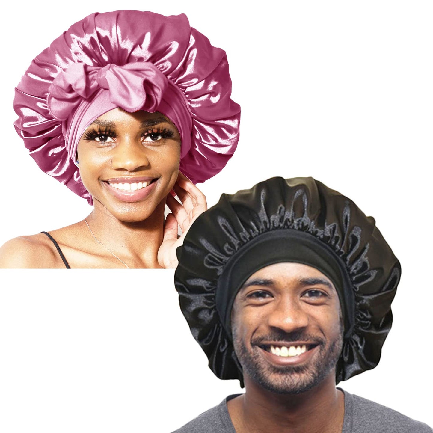 BONNET QUEEN 2pcs Pack Silk Bonnet for Sleeping Women Satin Bonnet Hair Bonnet Night Sleep Cap for Men with tie Band Black Pink