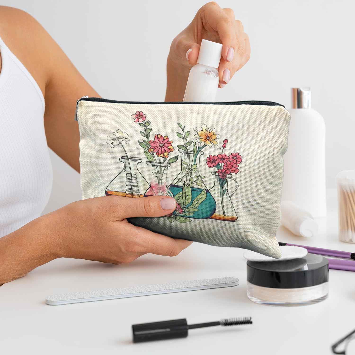 RYYCDOI Science Teacher Gifts Makeup Bag - Floral Beakers Cosmetic Pouch