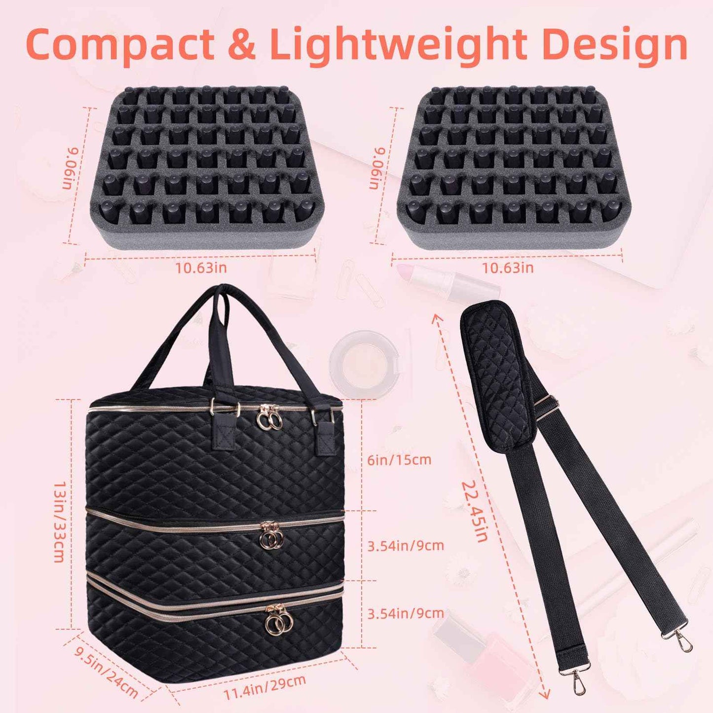 Nail Polish Organizer Case,3 Layers Nail Organizers and Storage With Detachable Holds 84 Bottles Nail Polish & Nail Lamp Large Nail Polish Organizer Bag ,for Manicure Tools, Nail Polish Kit (Black)