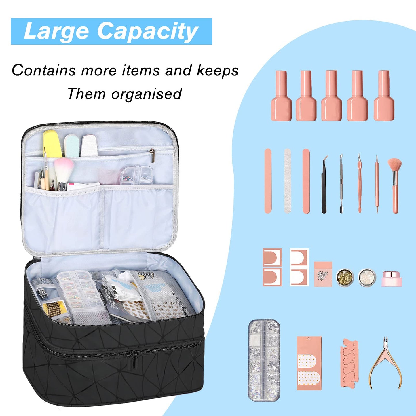 Dofilachy Nail Polish Organizer, Travel Carrying Case-Custom for Manicure Set, Double Layer Carrying Bag(Black, Version 1:Holds 30 Bottles (15ml))