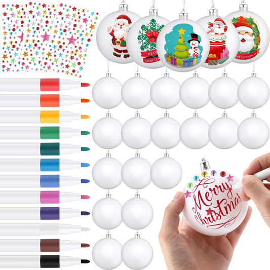 Syhood 24 Pcs Christmas White Ornaments Ball Craft DIY Kits,Blank 3.15 Inch Plastic Christmas Balls Hanging Ornament with 12 Markers and 3 Sheet Stickers for Christmas Home Decoration Party Gift