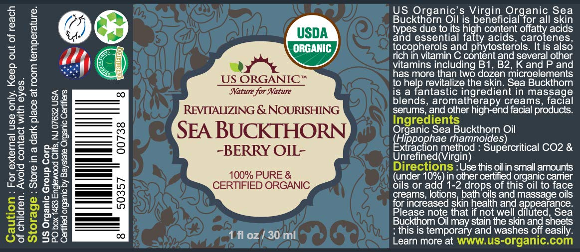 US Organic Sea Buckthorn Berry (Fruit) Oil, Supercritical CO2 extracted, USDA Certified Organic,100% Pure Virgin, Unrefined in Amber Glass Bottle, Face, Hair, spot Treatment, Anti Aging, 1 oz (30 ml)