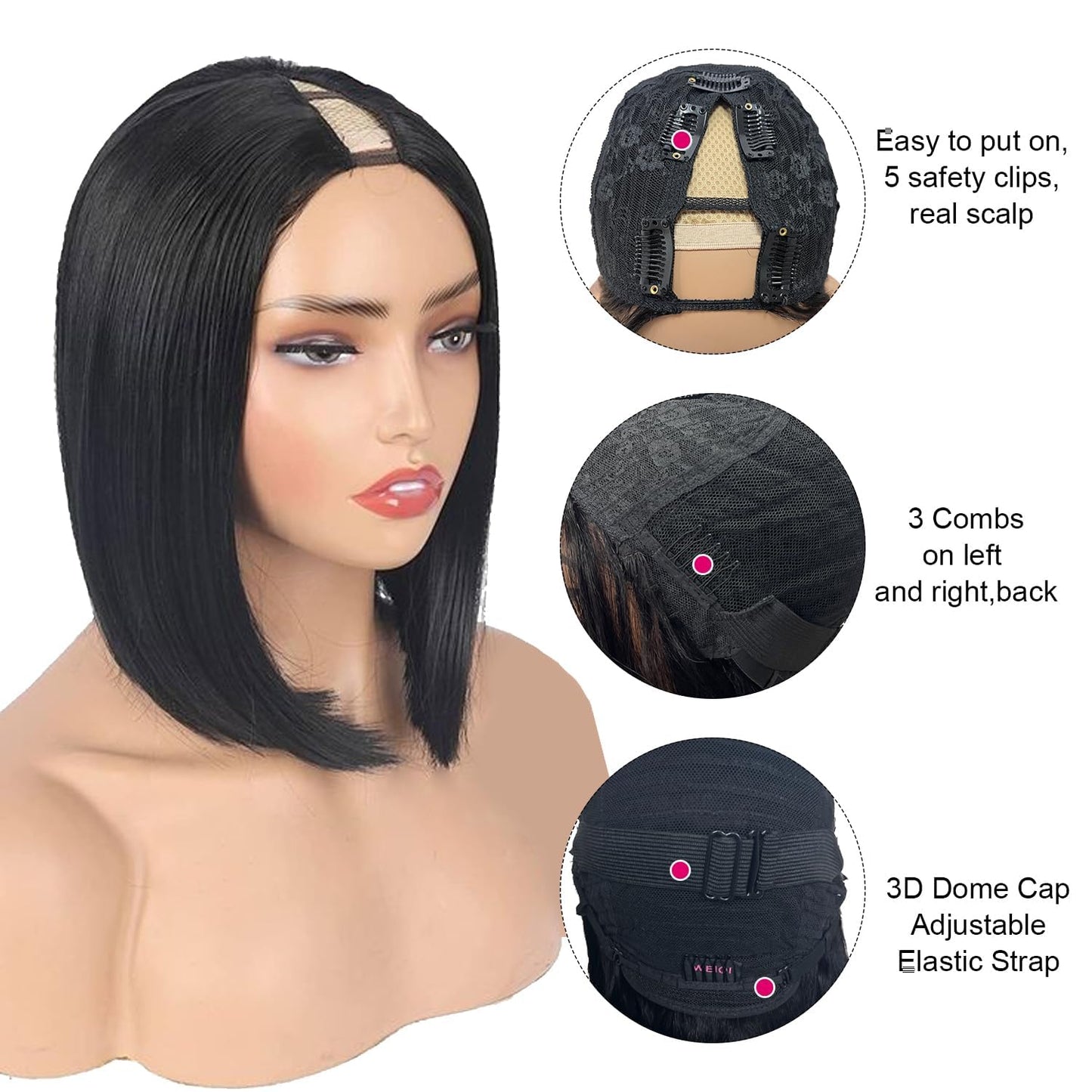 Enguer V Part Wig Human Hair Bob Wig Human Hair for Black WomenBrazilian Remy Human Hair BobWigs Beginner Friendly No Glue No Sew in Glueless WigsNatural Black 10inch