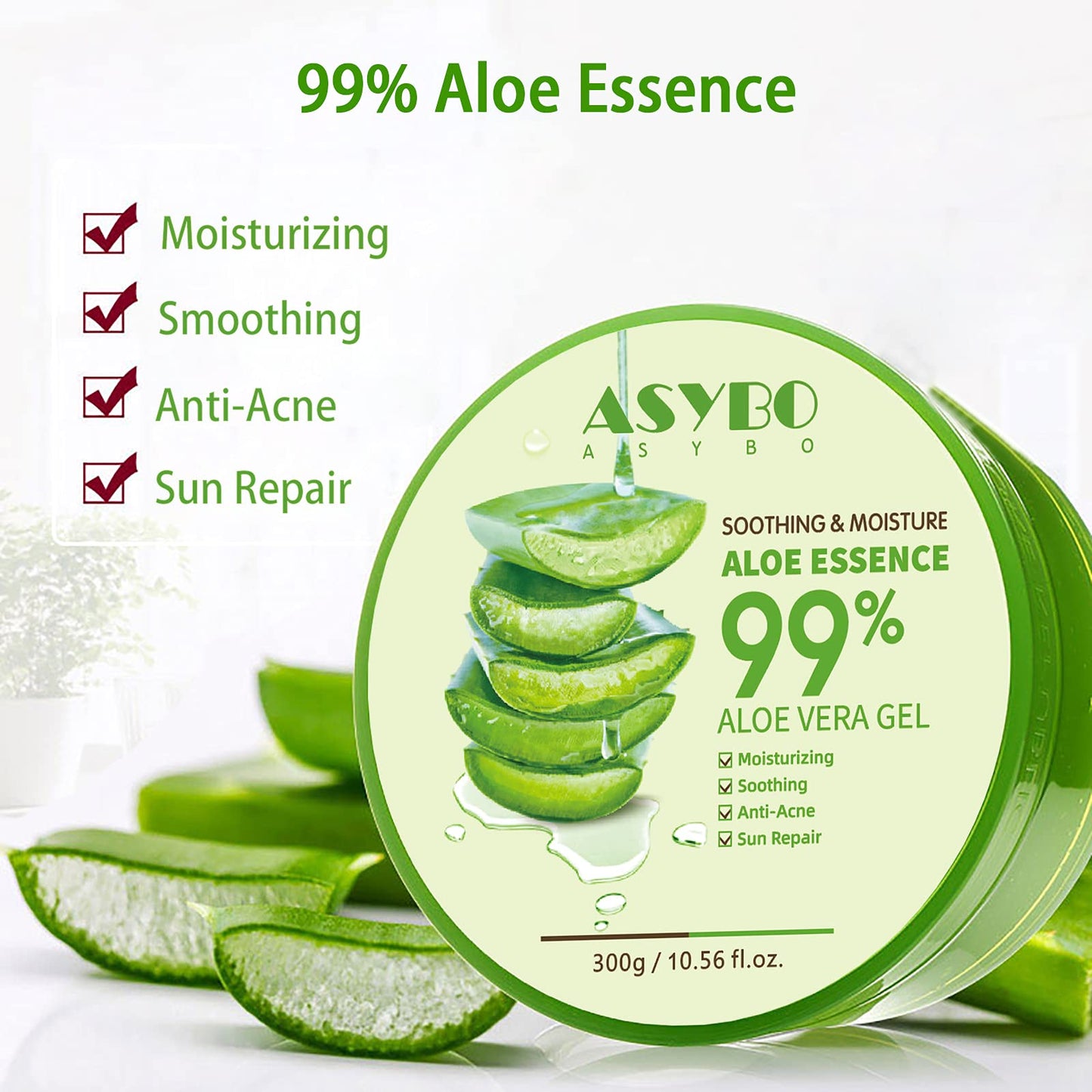 ASYBO 300x2 ML Natural Aloe Vera Gel -Organic Moisturizing Aloe Vera, Soothing and Hydrating, Sunburn and Scar Repair, After Sun Care for Face Body Hair