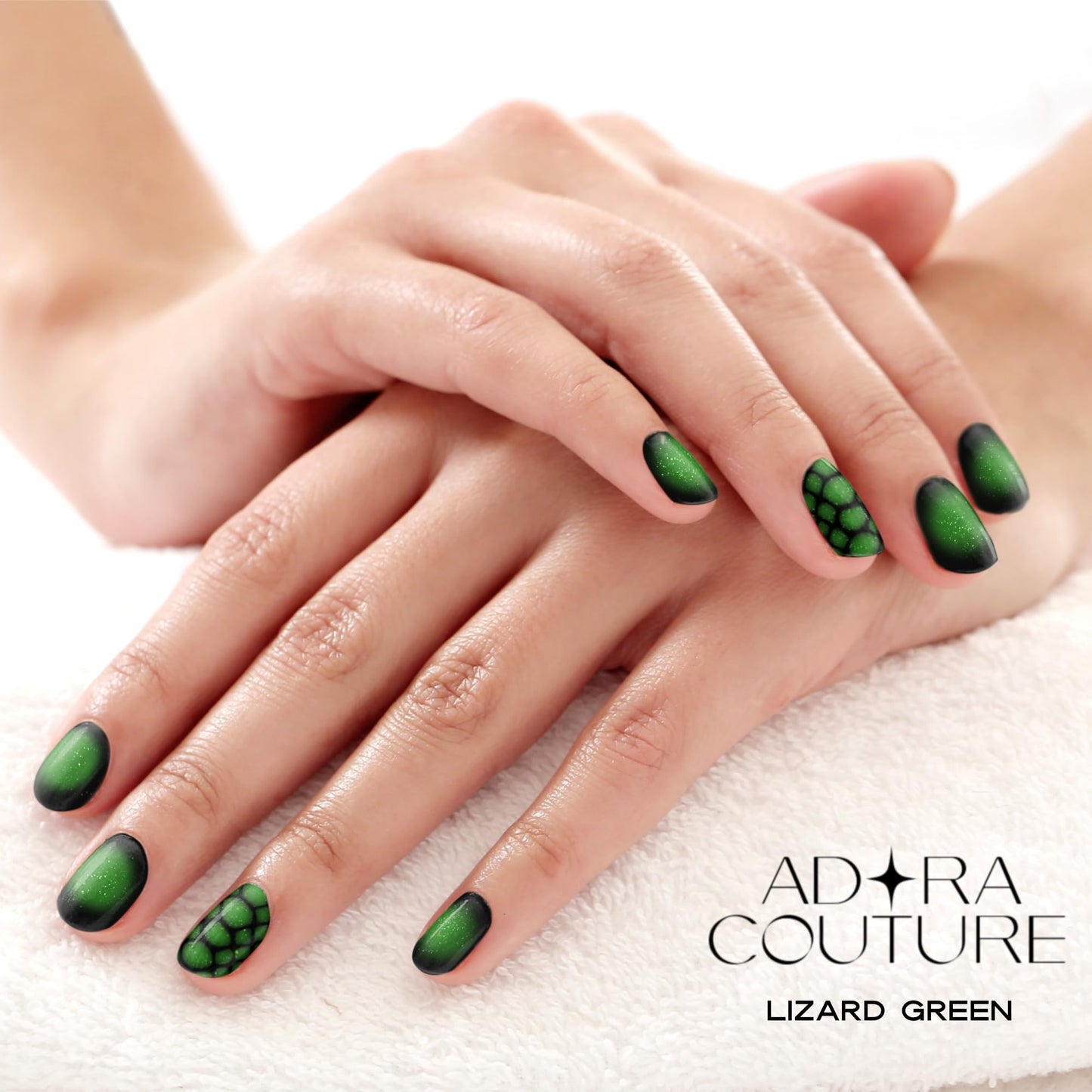 ADORA COUTURE Semi Cured Gel Nail Strips Kit | 30pcs Uv Gel Nail Stickers with Uv Light | Green Black Ombre Aura Nail Wrap | Nail Gel Stickers for Nails Uv Light (Lizard Green)