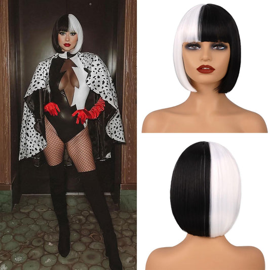 G&T Wig Black and White Bob Wigs for Women Costume Half Black and Half White Wigs for Halloween Cosplay Party Use