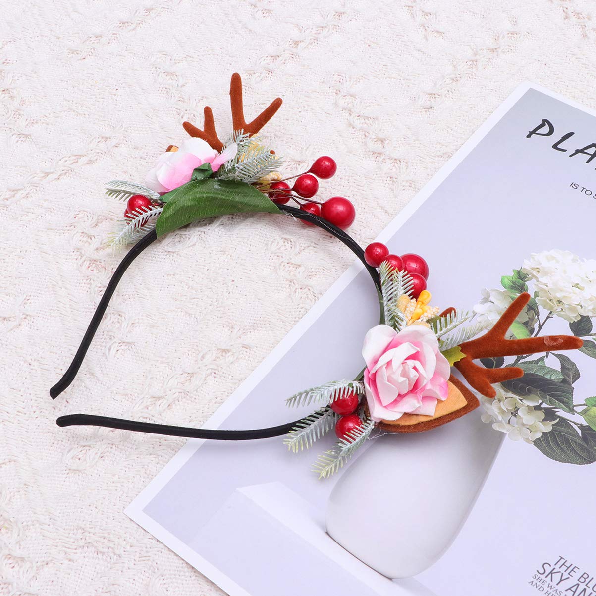 Lurrose Christmas Deer Antler Flower Berry Crown Floral Headbands Christmas Boho Headdress Party Headwear for Women Girls Kids Style 1