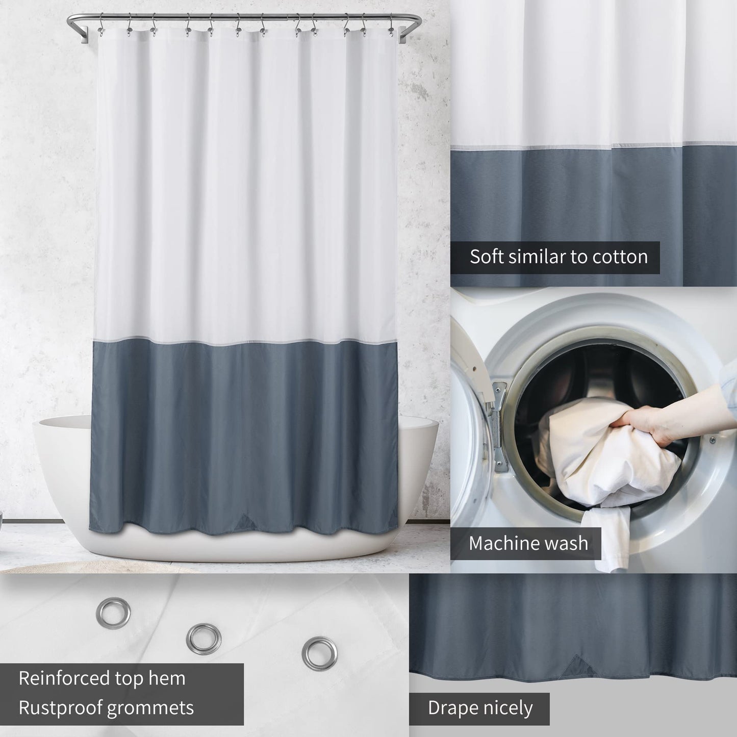 ALYVIA SPRING Waterproof Fabric Shower Curtain Liner - Soft & Light-Weight Cloth Shower Liner, 3 Bottom Magnets, Hotel Quality & Machine Washable - Standard Size 72x72, White and Stone Blue