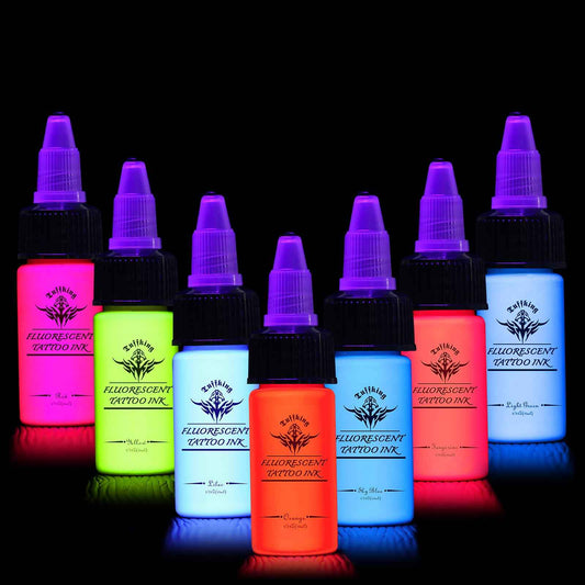 Tuffking Tattoo Ink Color Set - Fluorescent Tattoo Ink Pigment Kit 7 Colors Glow in The Blacklight for Professional Tattoo Artist Halloween Supplies (1/2 fl oz(15ml), 7color)