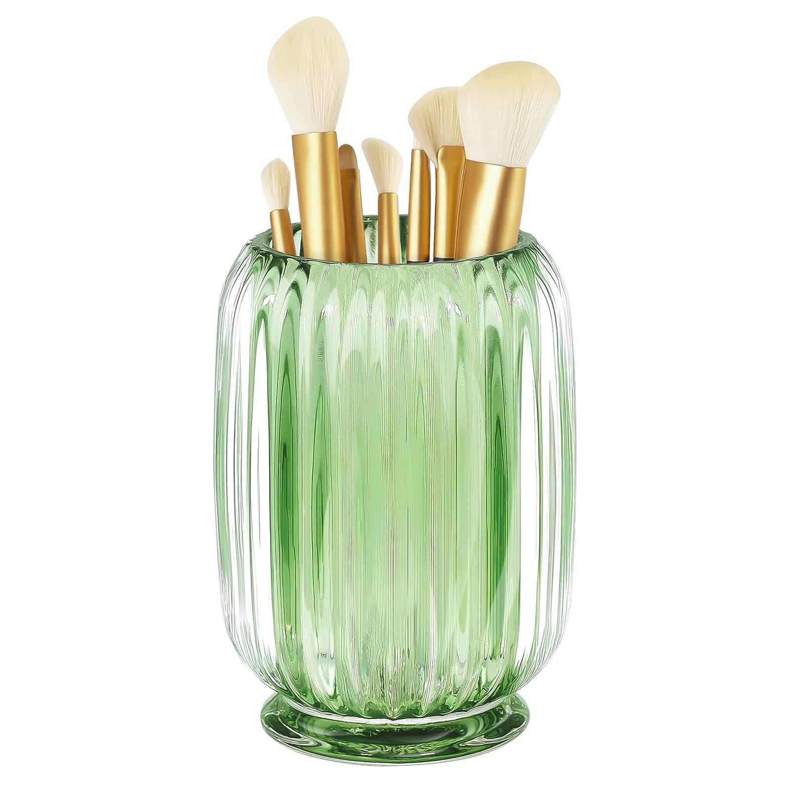 Makeup Brush Holder, Thick Glass Makeup Brush Organizer Cup, 4.8" Tall for Vanity Hair Brush Holder Brushes Storage, Makeup Brush Holder Organizer organizador de brochas de maquillaje Crystal Green