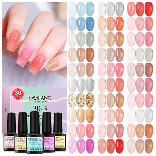 SAVILAND Jelly Gel Nail Polish: Castor Oil & Vitamin E Gel Polish Set Super Care No Harm Christmas Jelly Translucent Gel Nail Polish Set Base Glossy Matte Top Gel Nail Kit Women Gift Home Nail Choice