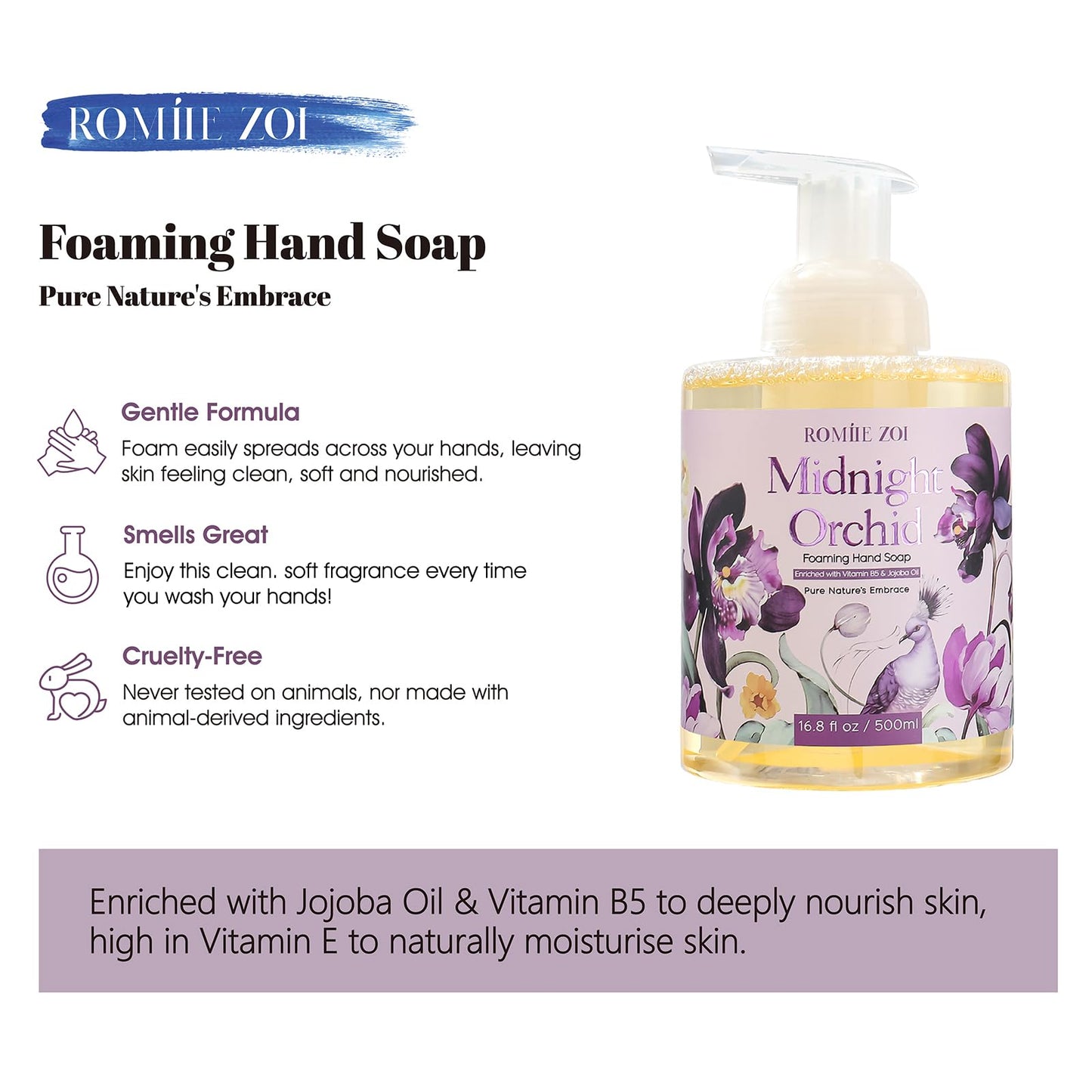 ROMIIE ZOI Foaming Hand Soap with Gift Box- Midnight Orchid - Biodegradable Formula Moisture & Revitalize - 500ml/ 16.8oz