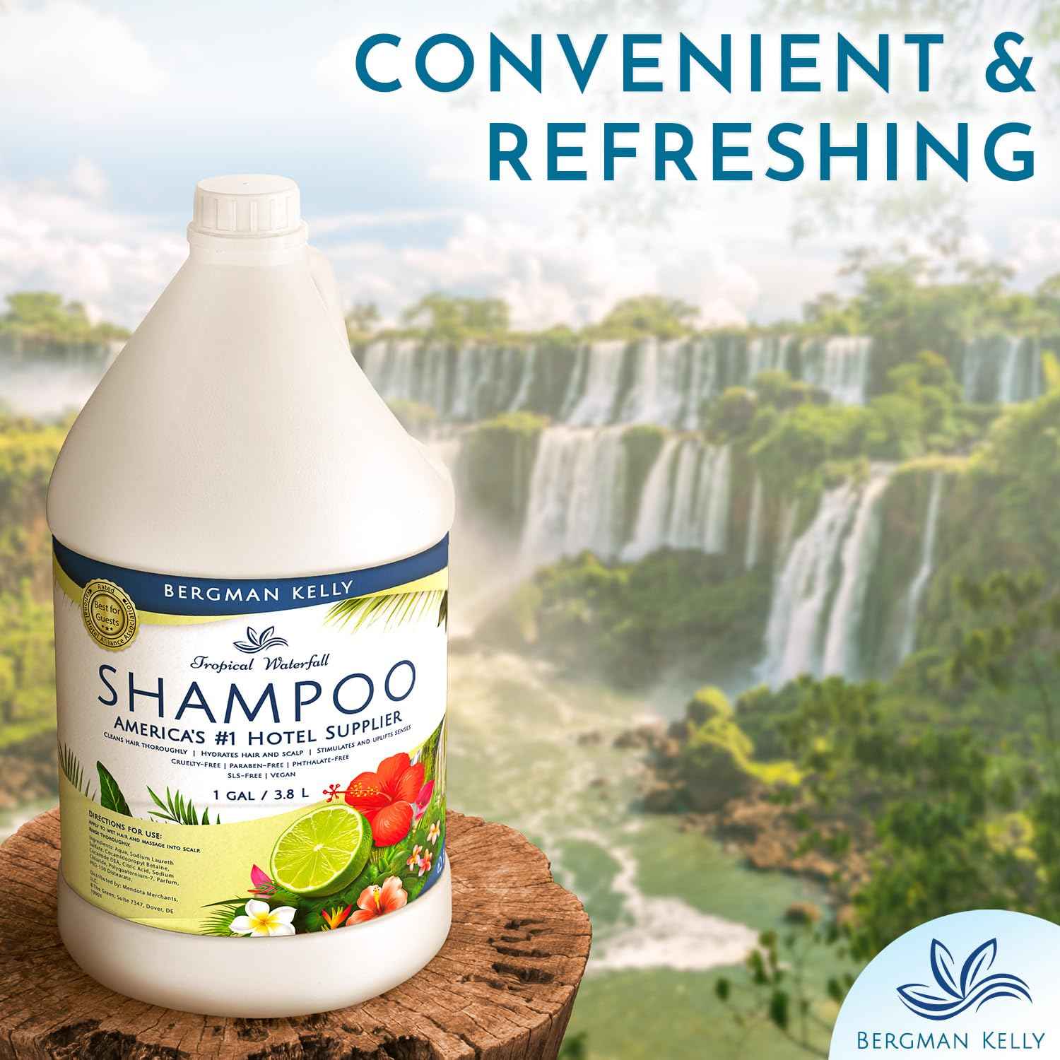 Bergman Kelly Refill Gallon Size Shampoo (128 fl oz, Tropical Waterfall Scent), Delight Your Guests with an Invigorating and Refreshing Shampoo, Quality Guest Hotel Toiletries in Bulk