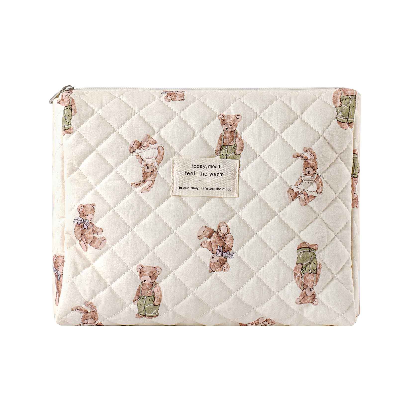 uekeboag Quilted Cotton Makeup Bag,Coquette Quilted Toiletry Bag for Women and Girls,Floral Coquette Pouch,Cute Kawaii Travel Cosmetic Bags(White Bear)
