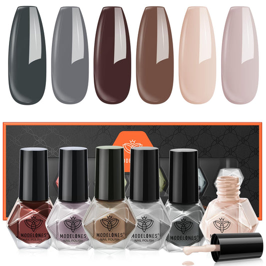 modelones Brown Nail Polish Set, 6 Colors Nude Nail Polish Winter Grey Neutral Nail Polish Kit