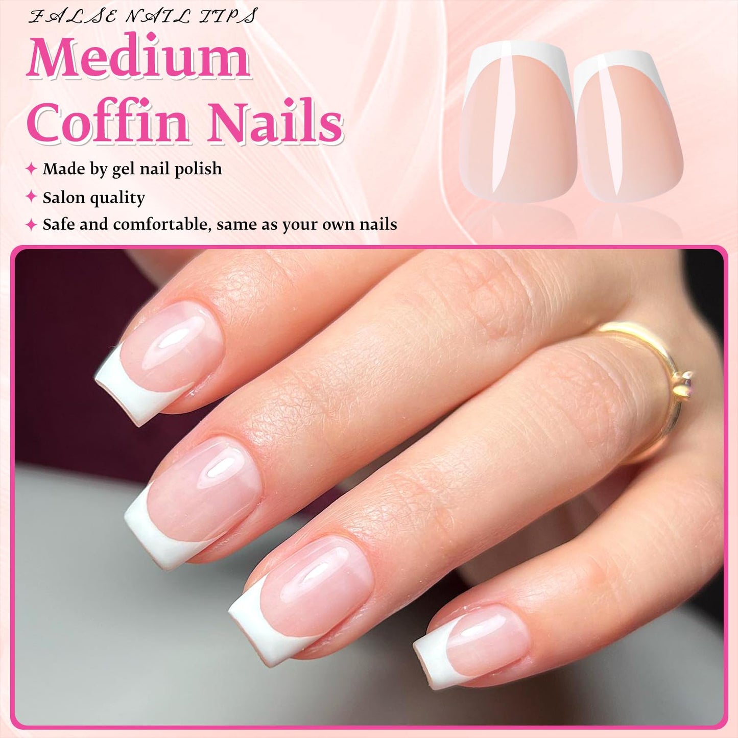 Bellelfin 240Pcs French Tip Press on Nails Coffin White French Nails Press on Short Fake Nails Glossy French Tips Glue on Nails Artificial Acrylic Nails for Women Girls Fingernails Design