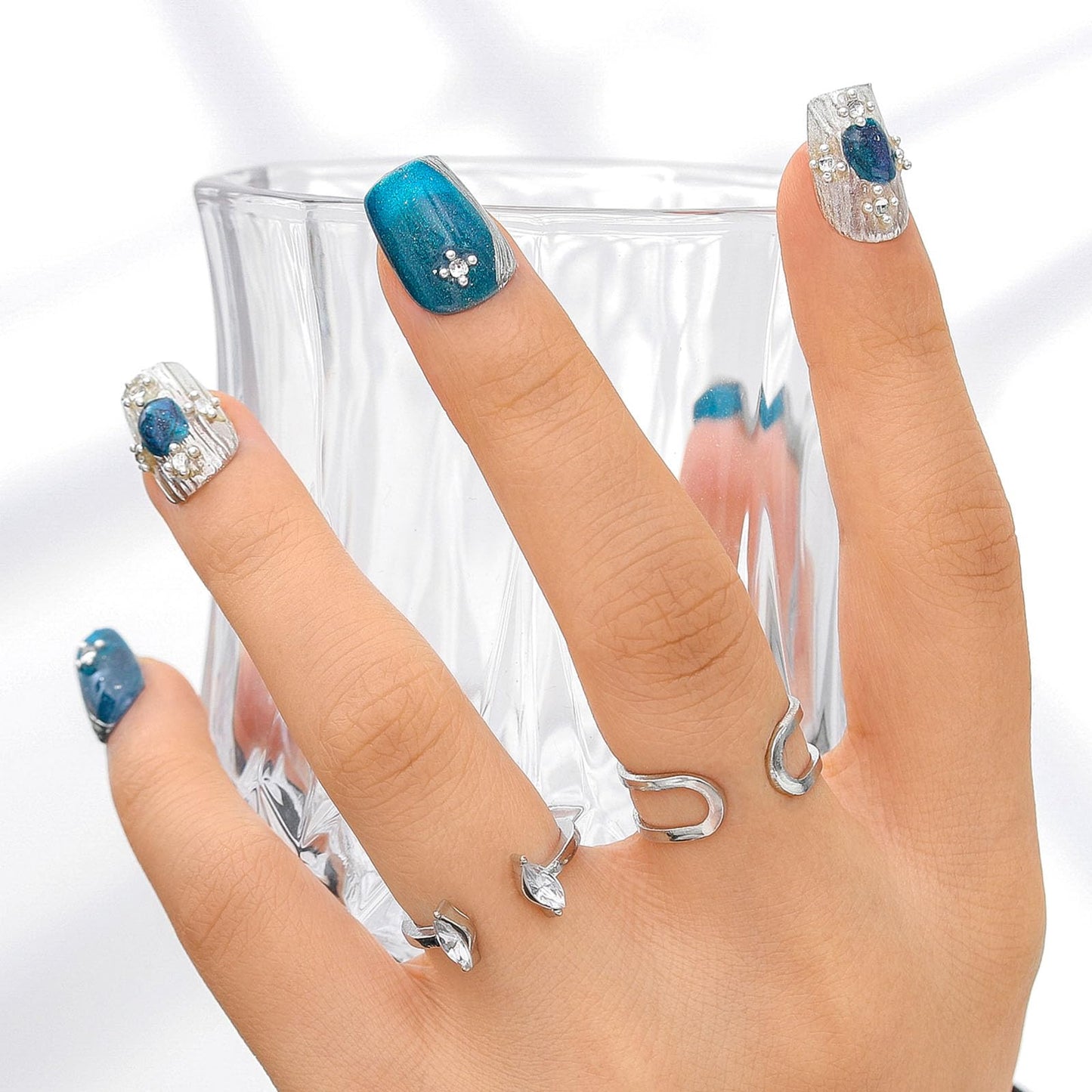 Sethexy Blue Handmade Press On Nails Short Coffin False Nails with Design Salon Acrylic Silver Glossy Fake Nails for Women and Girls 10PCS (Blue5)