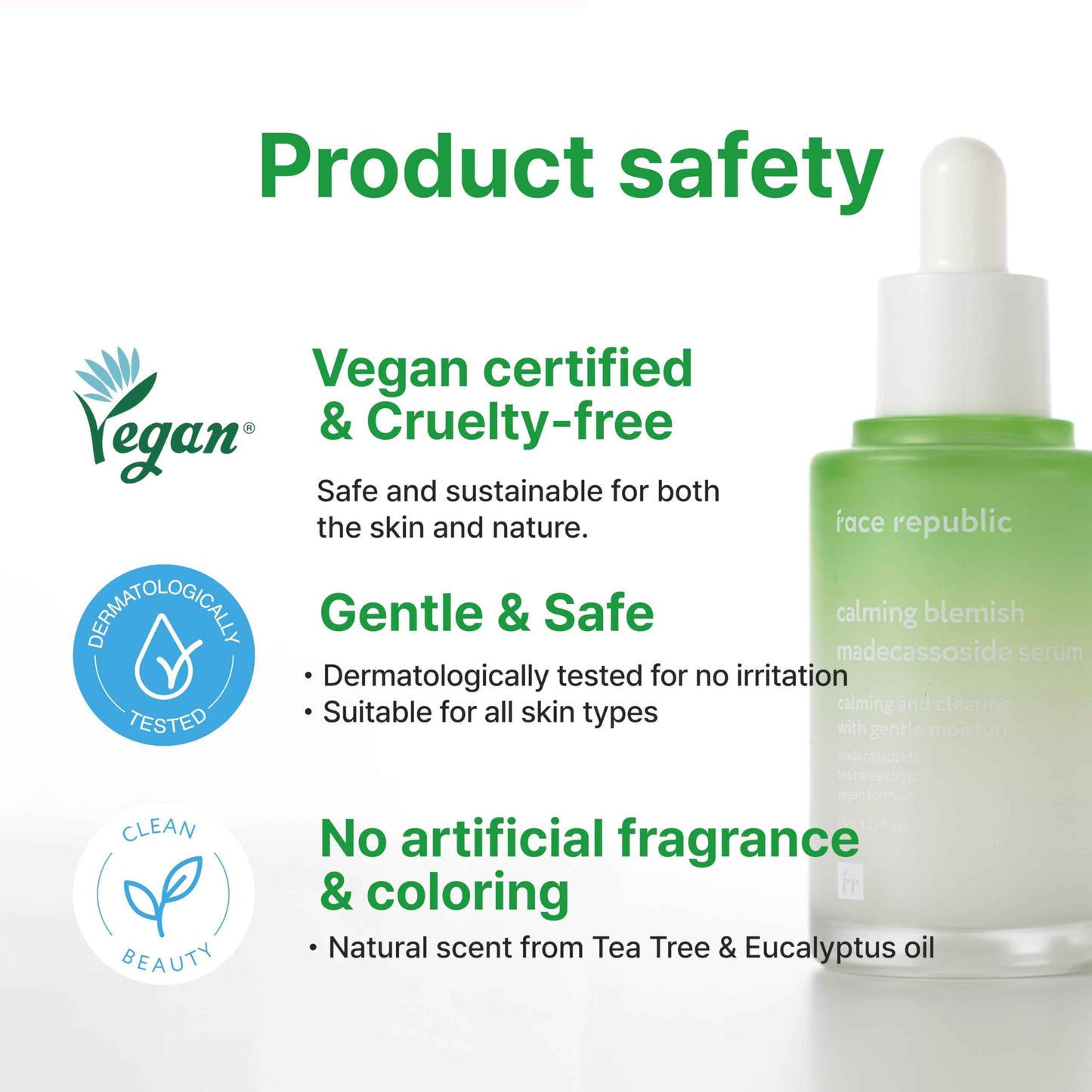 Face Republic Calming Tea Tree Madecassoside Serum 45ml 1.52 fl oz | Lightweight | Soothing | Madecassoside, Tea Tree, Centella Asiatica, Niacinamide | For irritated skin | Vegan Korean Skin Care