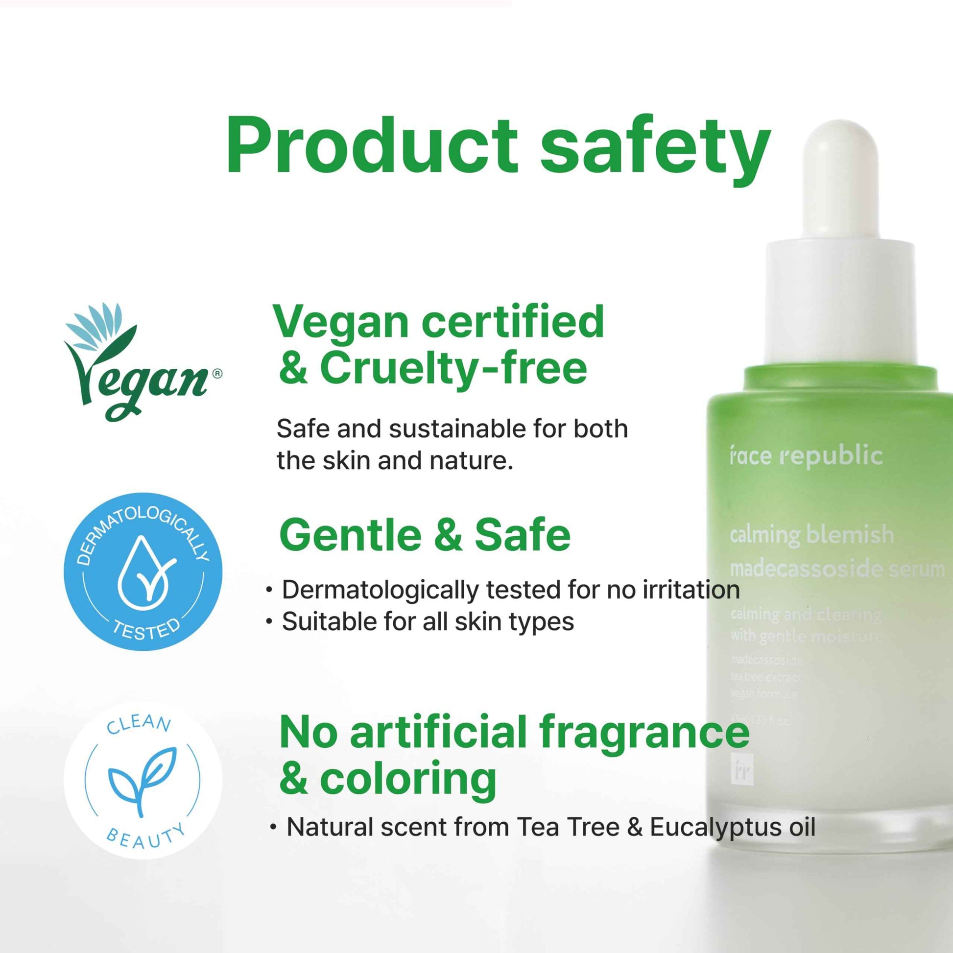 Face Republic Calming Tea Tree Madecassoside Serum 45ml 1.52 fl oz | Lightweight | Soothing | Madecassoside, Tea Tree, Centella Asiatica, Niacinamide | For irritated skin | Vegan Korean Skin Care