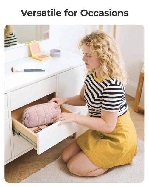 BAGSMART Makeup Bag Cosmetic Bag Wide Open, Beige, M, Wide-open Travel Makeup Bag With Puffy Padded and Rectangular Quilted