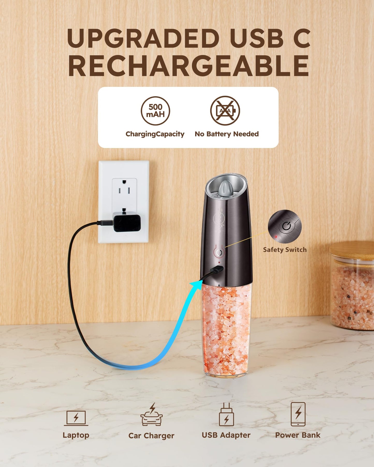 Sangcon Gravity Electric Salt and Pepper Grinder Set Shakers RECHARGEABLE 9OZ XL Capacity USB-C No Battery Needed - LED Light One Hand Operation, Adjustable Coarseness Automatic Mills Set for Gifts