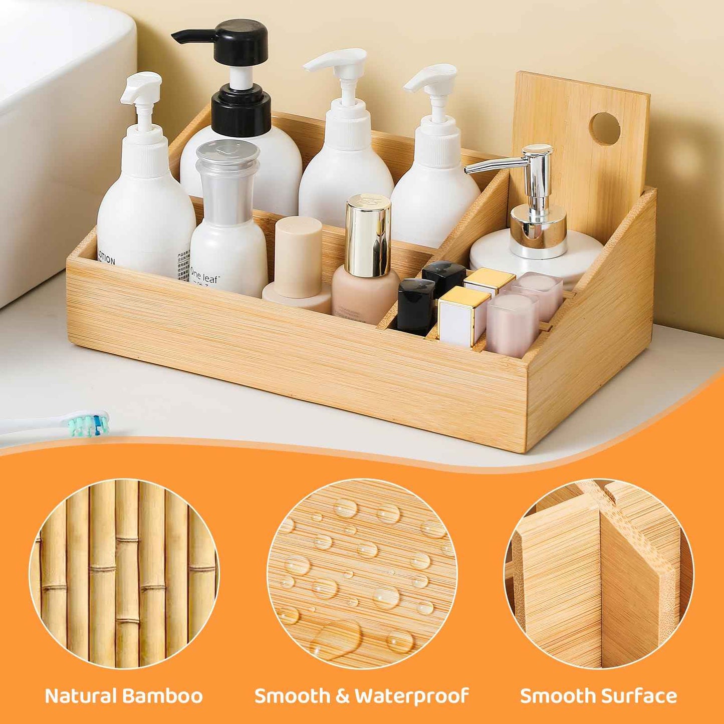 fyoolym Bamboo Makeup Desk Organizer, Makeup Storage Organization Table Box, Suitable for Desk Organizer and Storage Dressing Table, Bathroom Desk, Counter