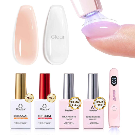 Beetles Builder Gel Kit HEMA Free & Handheld Nail Lamp, 8 in 1 Nail Thickening Strengthening Building Apex for Beginner DIY Salon at Home with Base & Top Coat,Clear Natural Nude Builder Nail Gel
