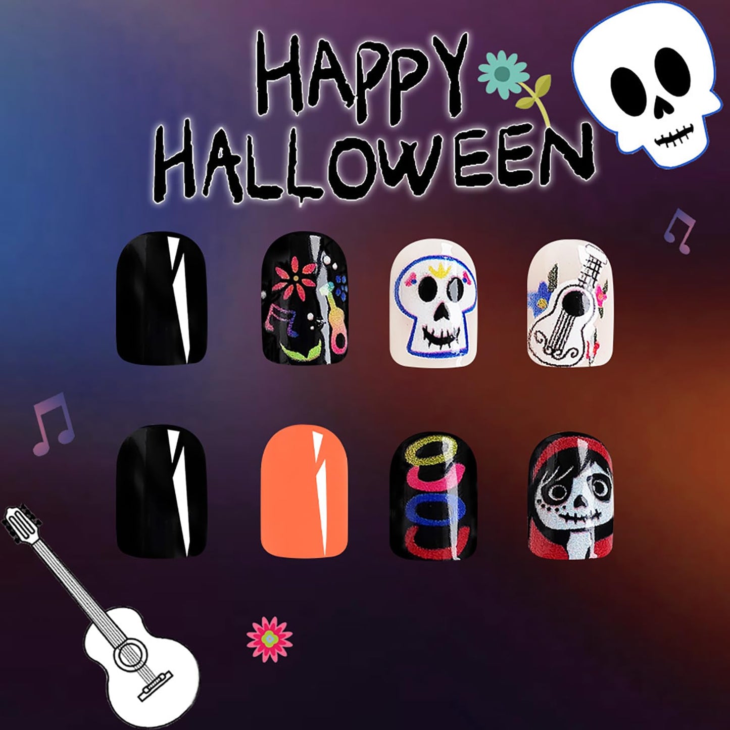 Halloween Press on Nails Short Square Fake Nails Devil Girls Sugar Skull False Nails with Designs Full Cover Fall Acrylic Nails Halloween Glossy Glue on Nails Manicure Artificial Nails for Women Girls