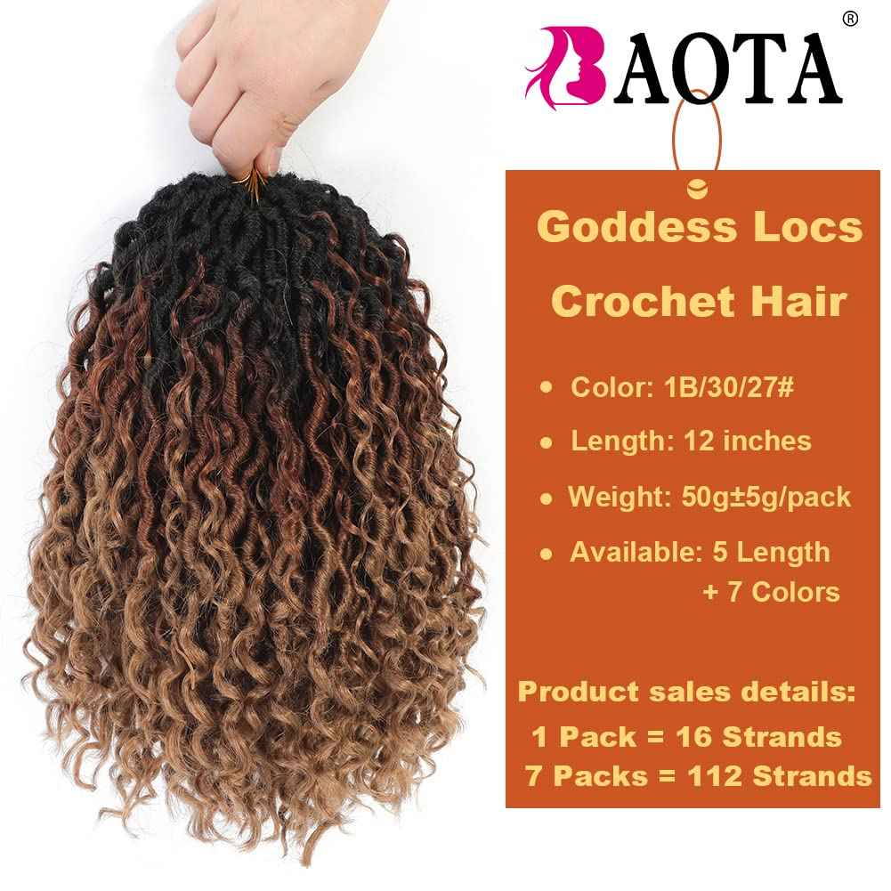 Goddess Locs Crochet Hair 7 Packs Crochet Hair for Black Women Ombre Pre-looped Faux Locs With Curly Ends Synthetic Hair Extension 12 Inch (1B/30/27#)