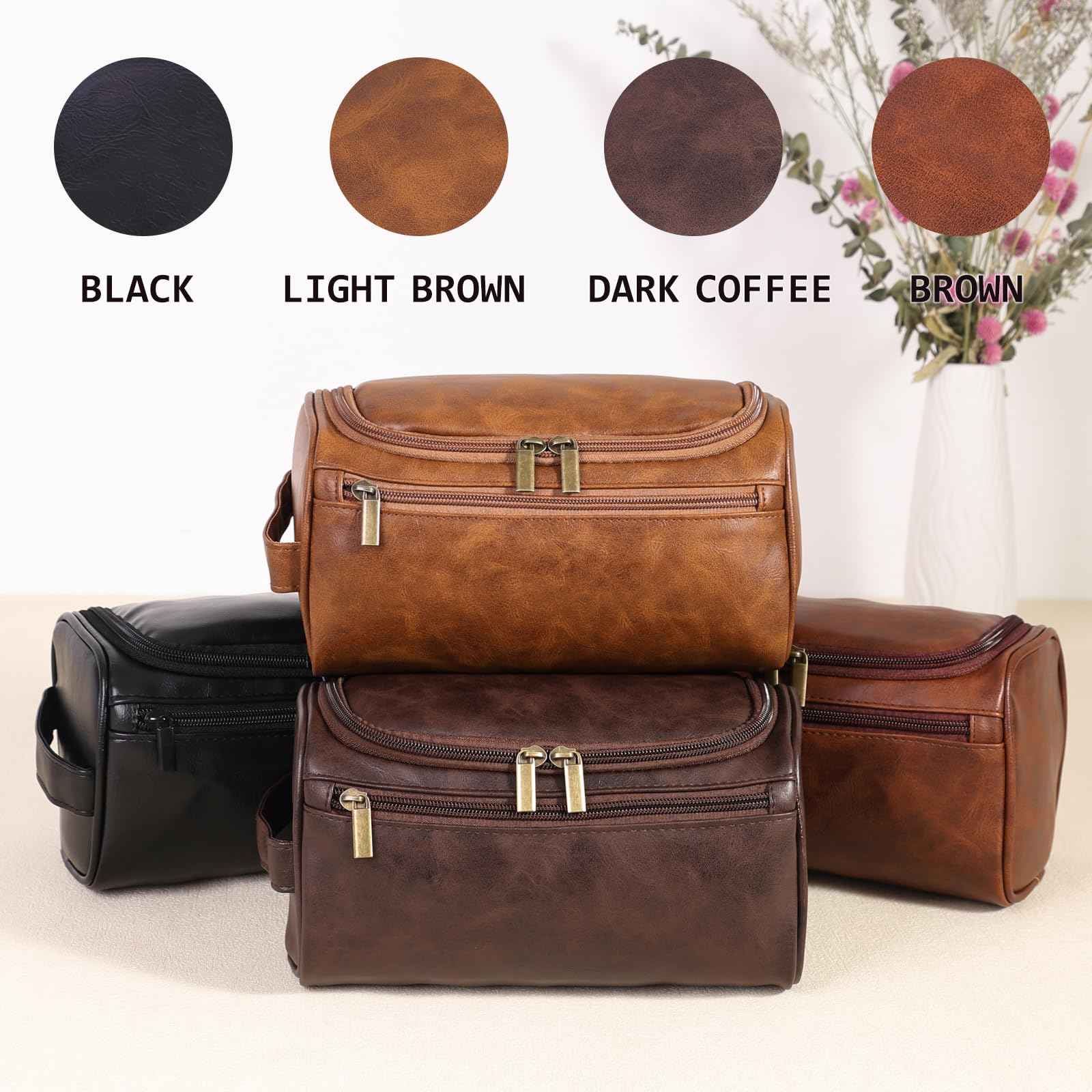 Seozata Toiletry Bag for Men, Hanging Travel Shaving Dopp Kit for Men and Women, Water-resistant Toiletries Organizer Bags, PU Leather Cosmetic Bags for Makeup Accessories (Dark Coffee)