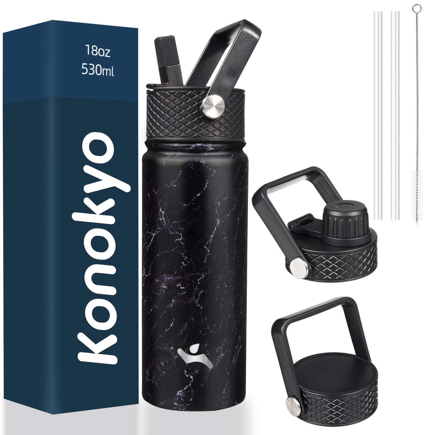 Konokyo Insulated Water Bottle with Straw,18 oz 3 Lids Metal Bottles Stainless Steel Water Flask,Marble Midnight