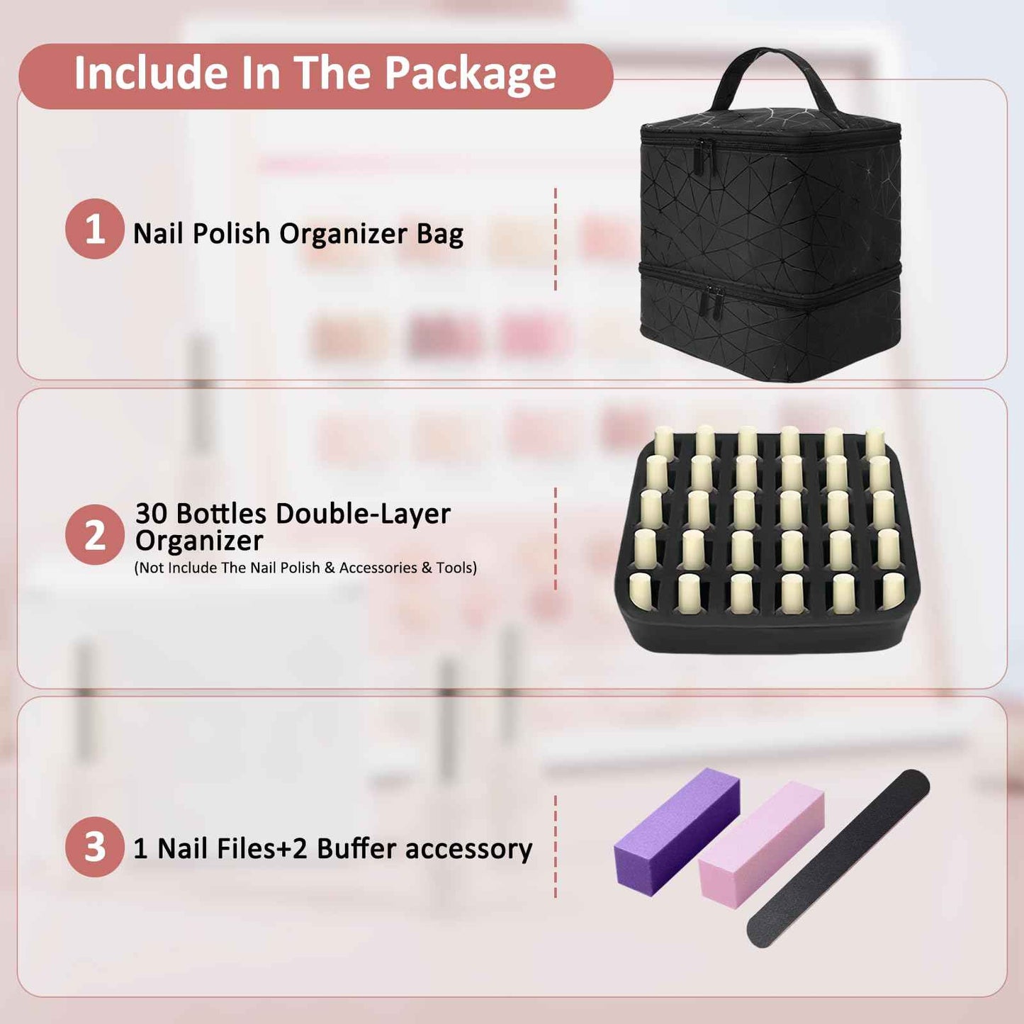 Esoes Nail Polish Organizer Case Double-Layer Nail Bag Storage PU Leather Waterproof Nail Organizer Holds 30 Bottles(15ml) and 1 Nail Lamp Large Travel Nail Supplies Shoulder Bag