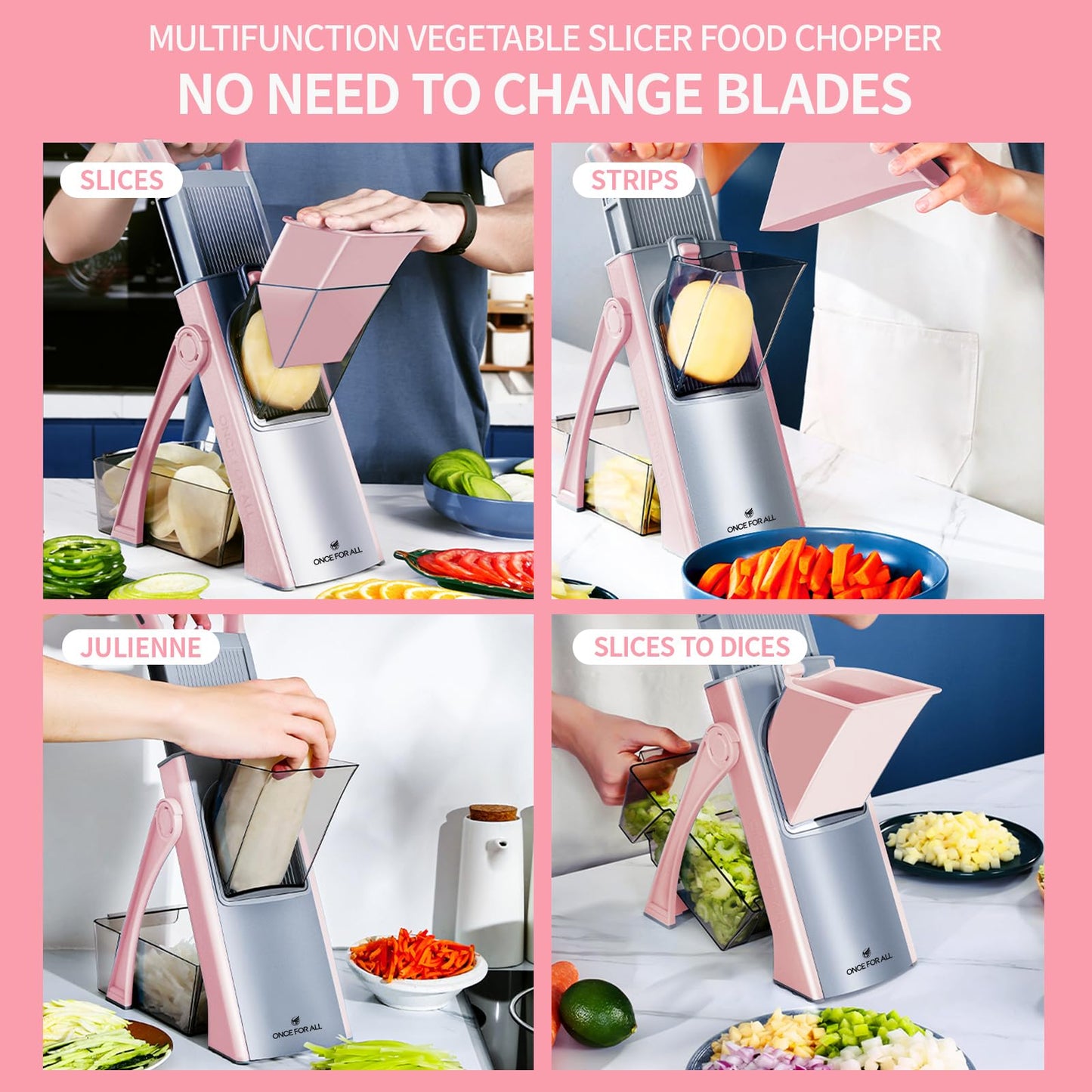 ONCE FOR ALL Upgrade Safe Mandoline Slicer Plus, Adjustable Vegetable Food Chopper Potato Fries French Fry Cutter, Detachable Blade, Kitchen Chopping Artifact, New Kitchen Gift (Pink)