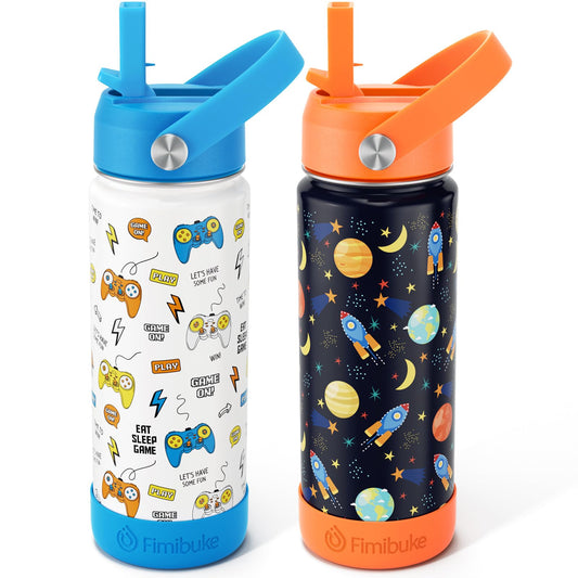 Fimibuke Kids Insulated Water Bottle - 18oz BPA-FREE Kids Cups with Straw Double Wall Vacuum Tumbler 18/8 Stainless Steel Leak Proof Toddler Water Bottle for School Boys Girls (2 Pack, Game+Space)