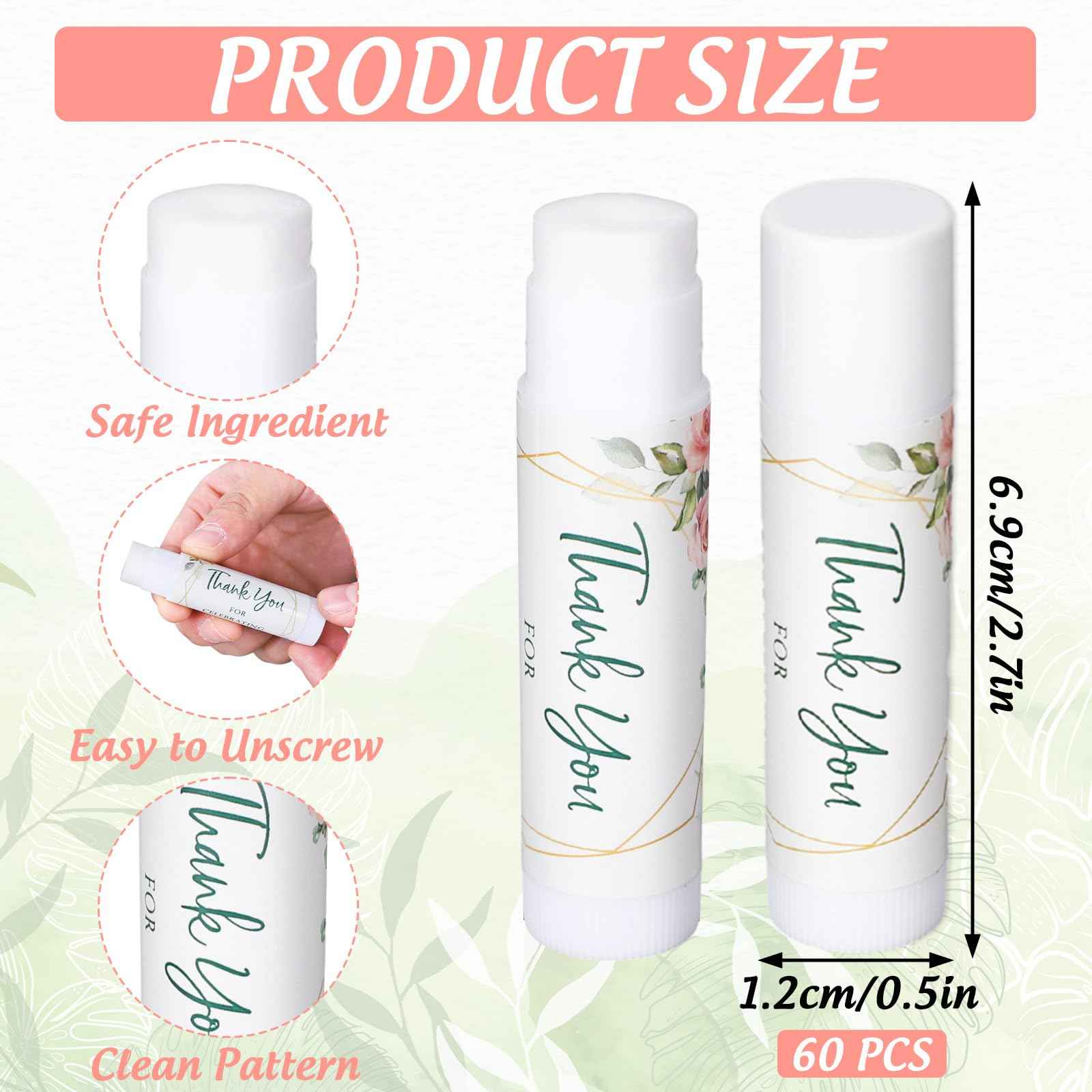 Whaline 60Pcs Thank You Gift Lip Balm Bulk Wedding Lip Balms Vanilla Flavor Floral Moisturizing Lip Care Guest Basket Gift Stuffer for Bridal Shower Baby Shower Birthday Party Favor Supplies