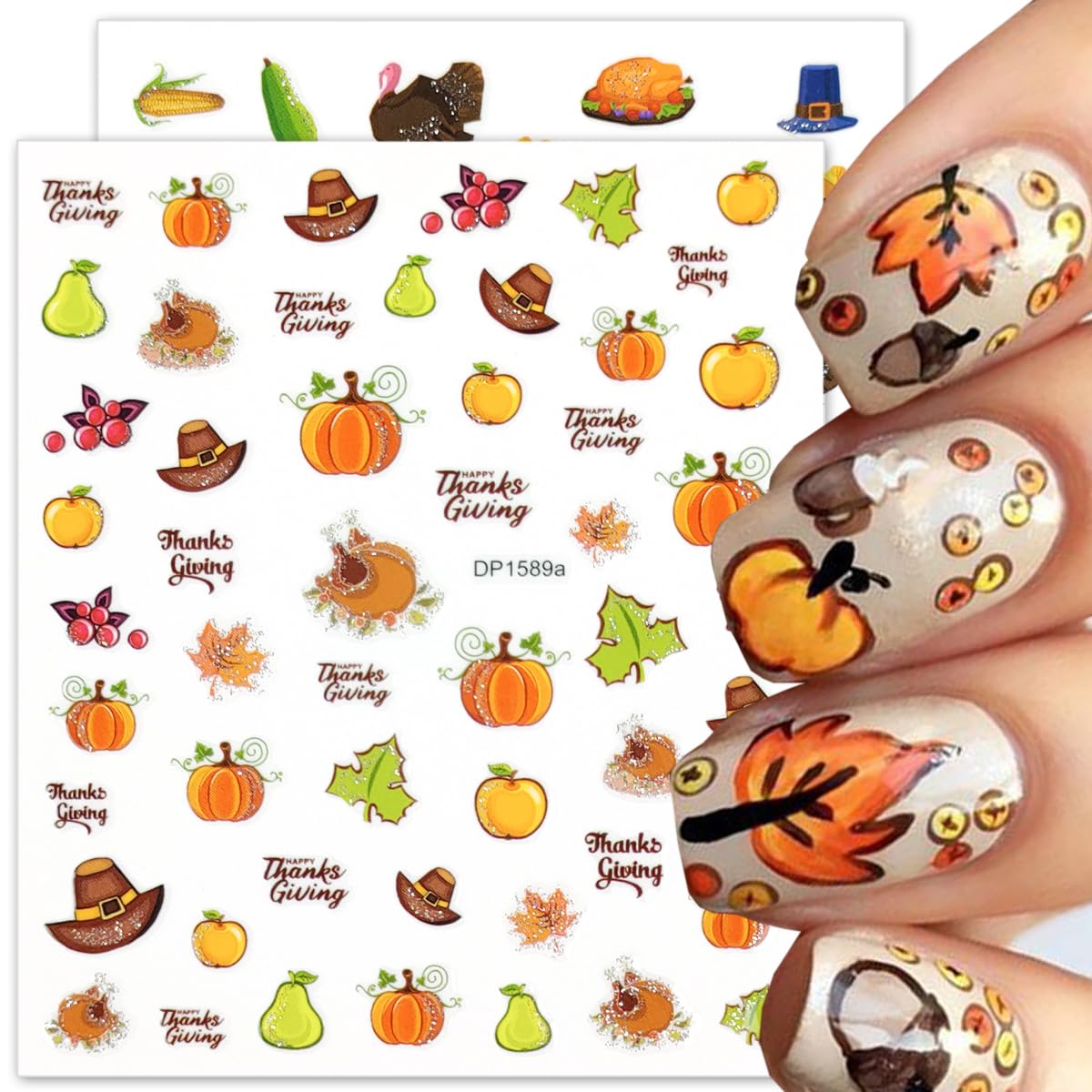 6 Sheets Fall Nail Art Stickers 3D Thanksgiving Pumpkins Nail Decals Glitter Design Turkey Maple Leaves Nail Stickers Self-Adhesive Autumn Nail Supplies for Women DIY Holiday Manicure Accessories