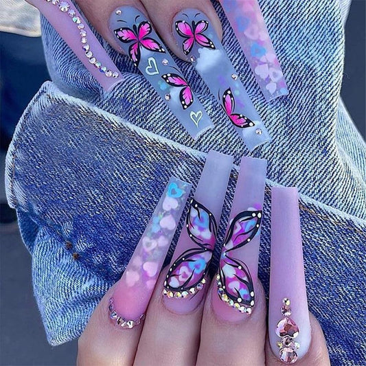 Long Press on Nails Heart-Shaped Ombre Long Fake Nails Coffin Press on Nails Square False Nails with Butterfly&Rhinestones Design Acrylic Nails Press on Artificial Nails Stick on Nails For Women-24Pcs