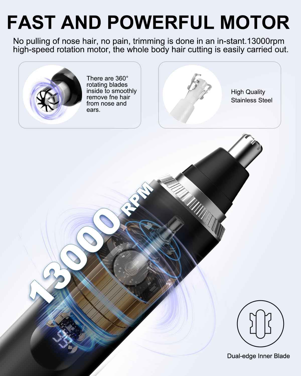 RAXMETRY Nose Hair Trimmer for Men and Women,2025 Professional Painless IPX7 Waterproof Eyebrow & Facial Hair Trimmer,USB Rechargeable with LED Display Dual-Edge Blades for Smoother Cutting,Silver