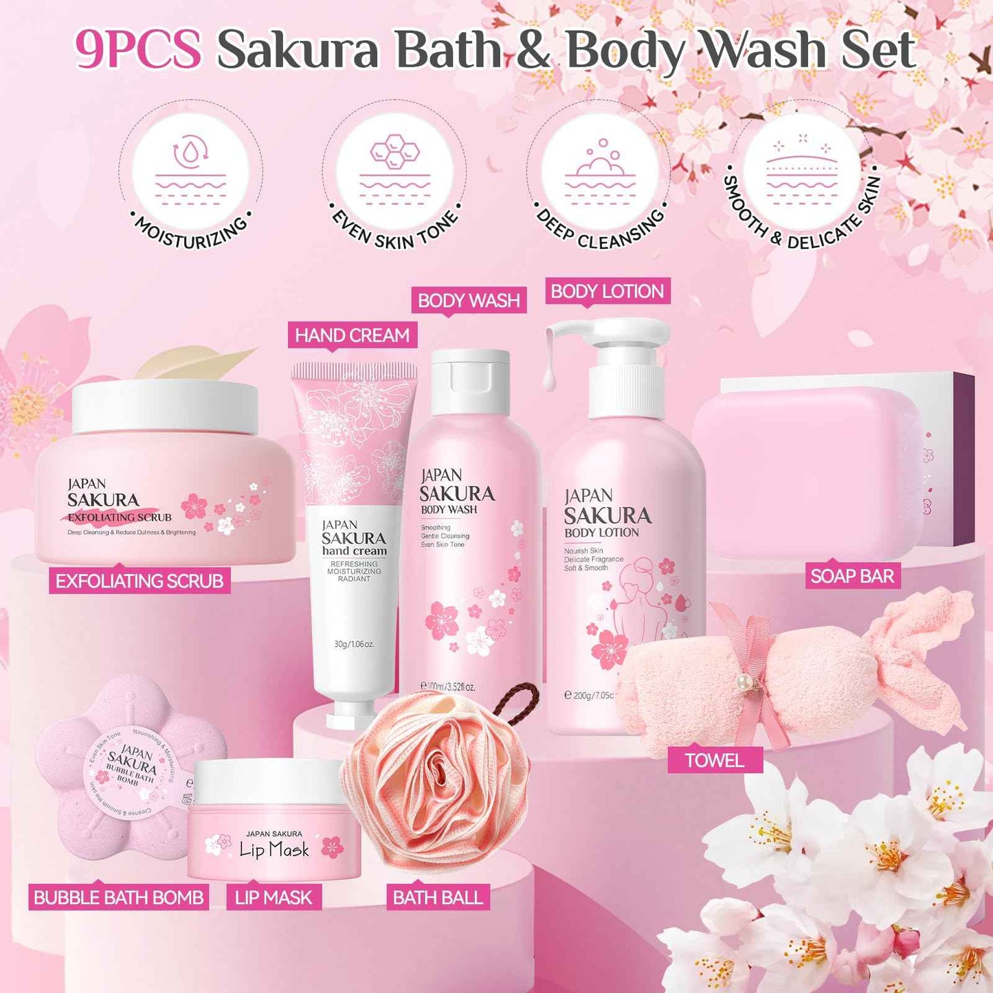 9Pcs Bath and Body Gift Set for Women & Girls, Cherry Blossom Bath and Body Gift Set with Body Wash, Lotion, Soap, Bath Bomb, Scrub, Hand Cream & Lip Mask, Home Spa Gift Set for Women Christmas Gifts